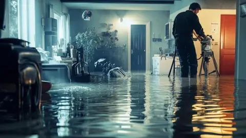 Technician operating equipment in a room with standing water on the floor