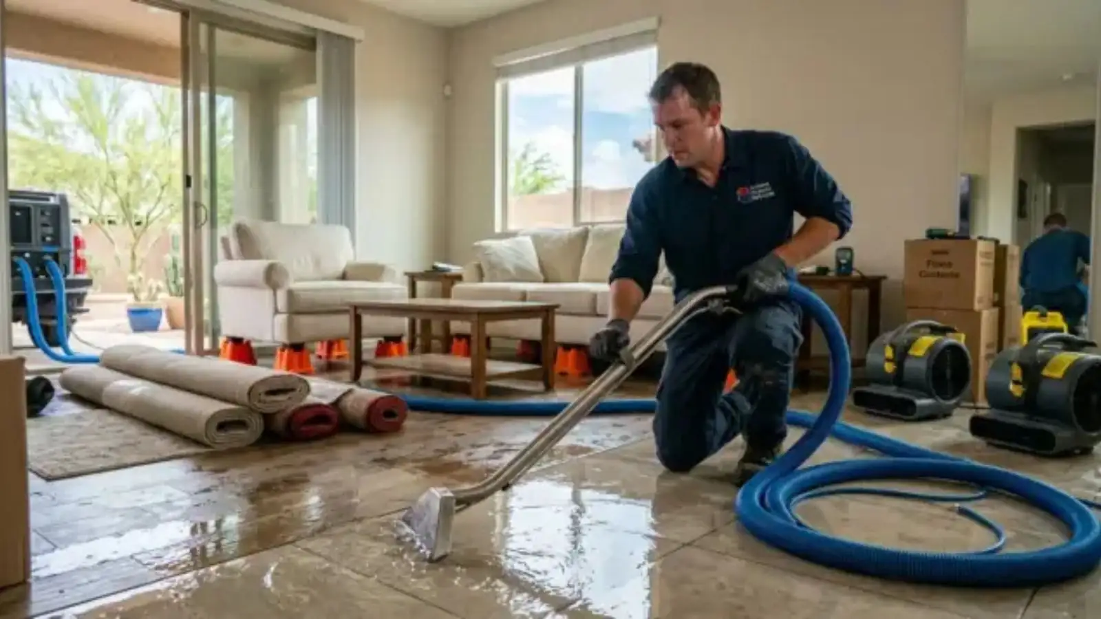 Technician using an extraction wand on a wet floor while air movers and rolled rugs sit nearby